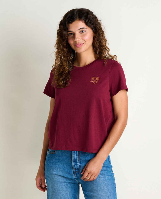 Women's Re-Form Embroidered Crew - Sustainable Recycled Cotton Tee Burgundy Embroidery | Toad&Co Women