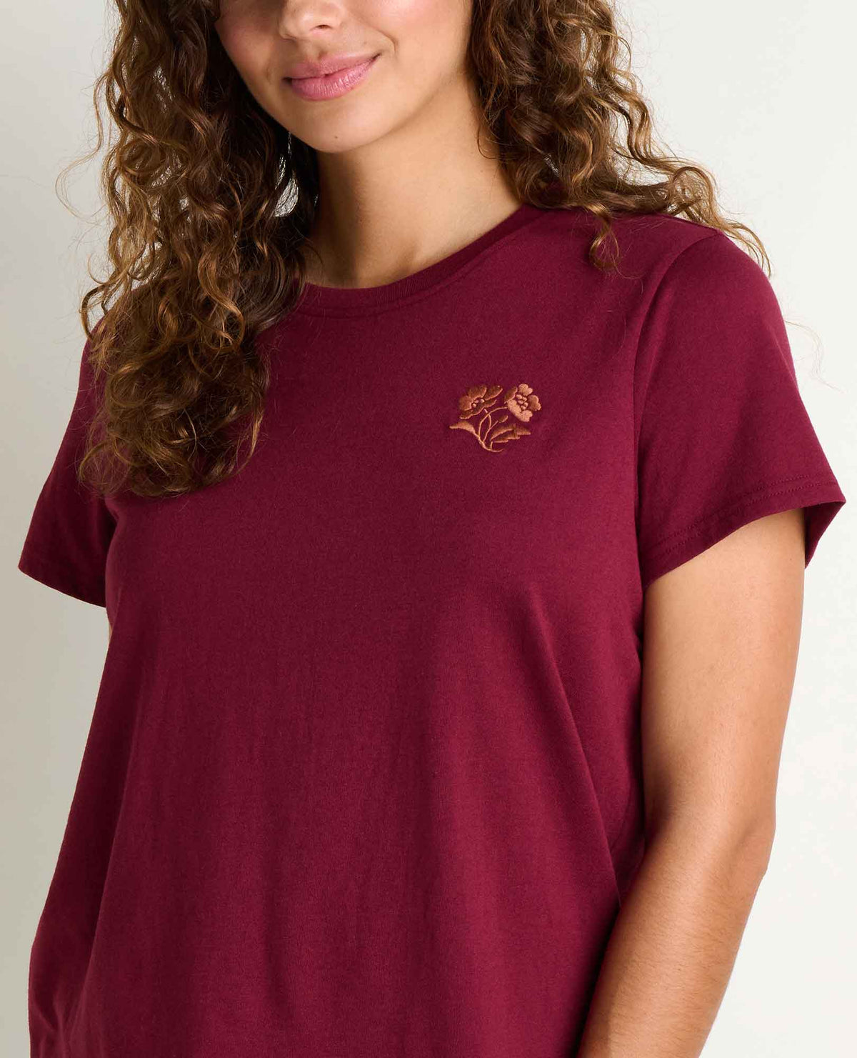 Women's Re-Form Embroidered Crew - Sustainable Recycled Cotton Tee Burgundy Embroidery | Toad&Co Women
