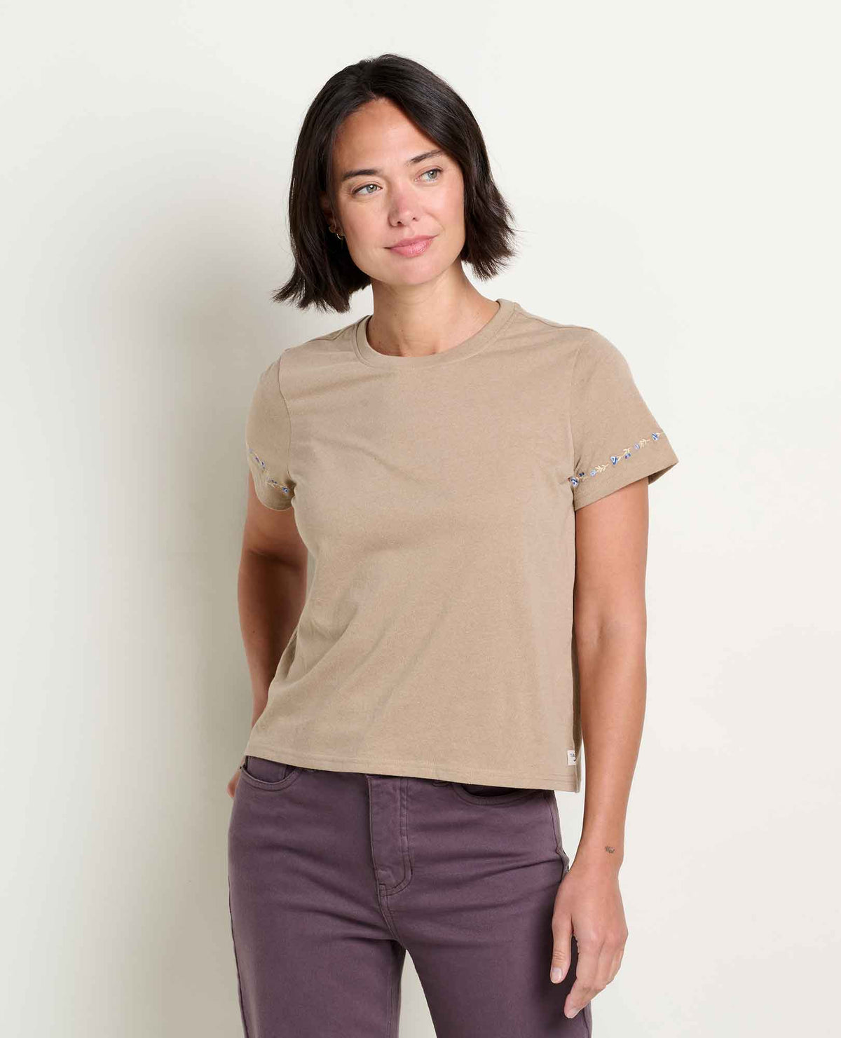 Women's Re-Form Embroidered Crew - Sustainable Recycled Cotton Tee Khaki Embroidery | Toad&Co Women