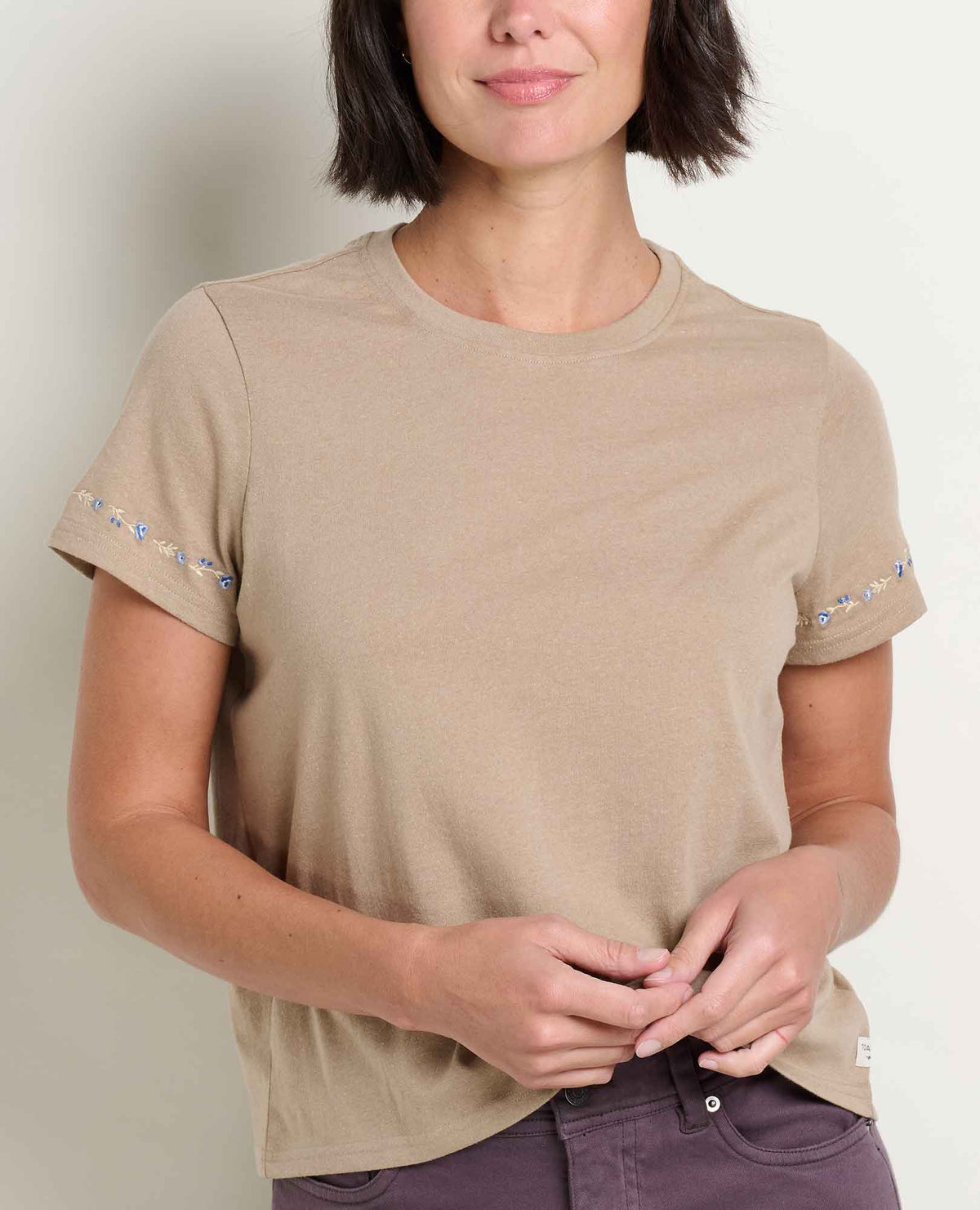 Women's Re-Form Embroidered Crew - Sustainable Recycled Cotton Tee Khaki Embroidery | Toad&Co Women
