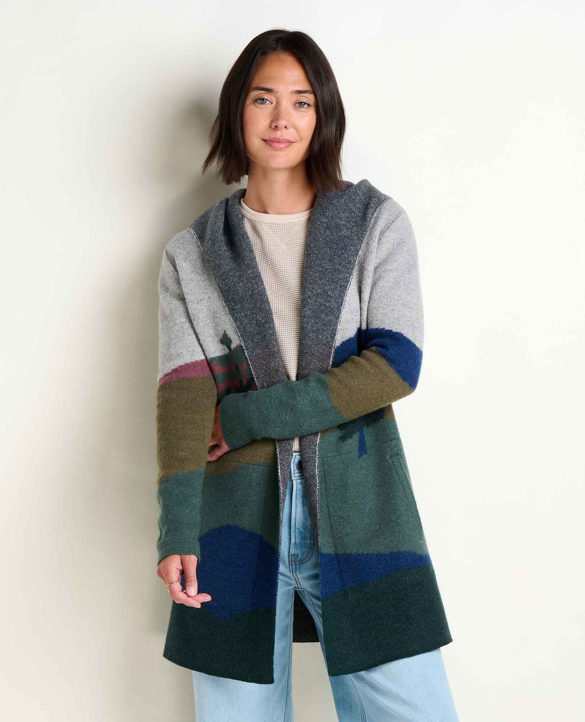 Heartfelt Merino Wool Open Front Cardigan Hoodie Pelican Pattern | Toad&Co Women