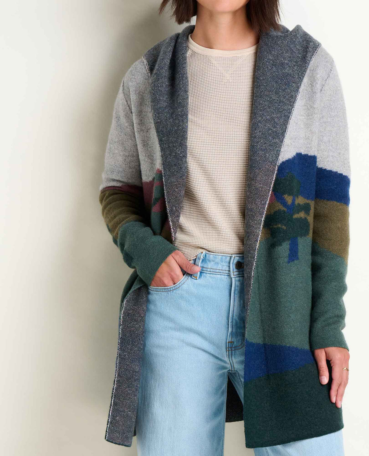 Heartfelt Merino Wool Open Front Cardigan Hoodie Pelican Pattern | Toad&Co Women
