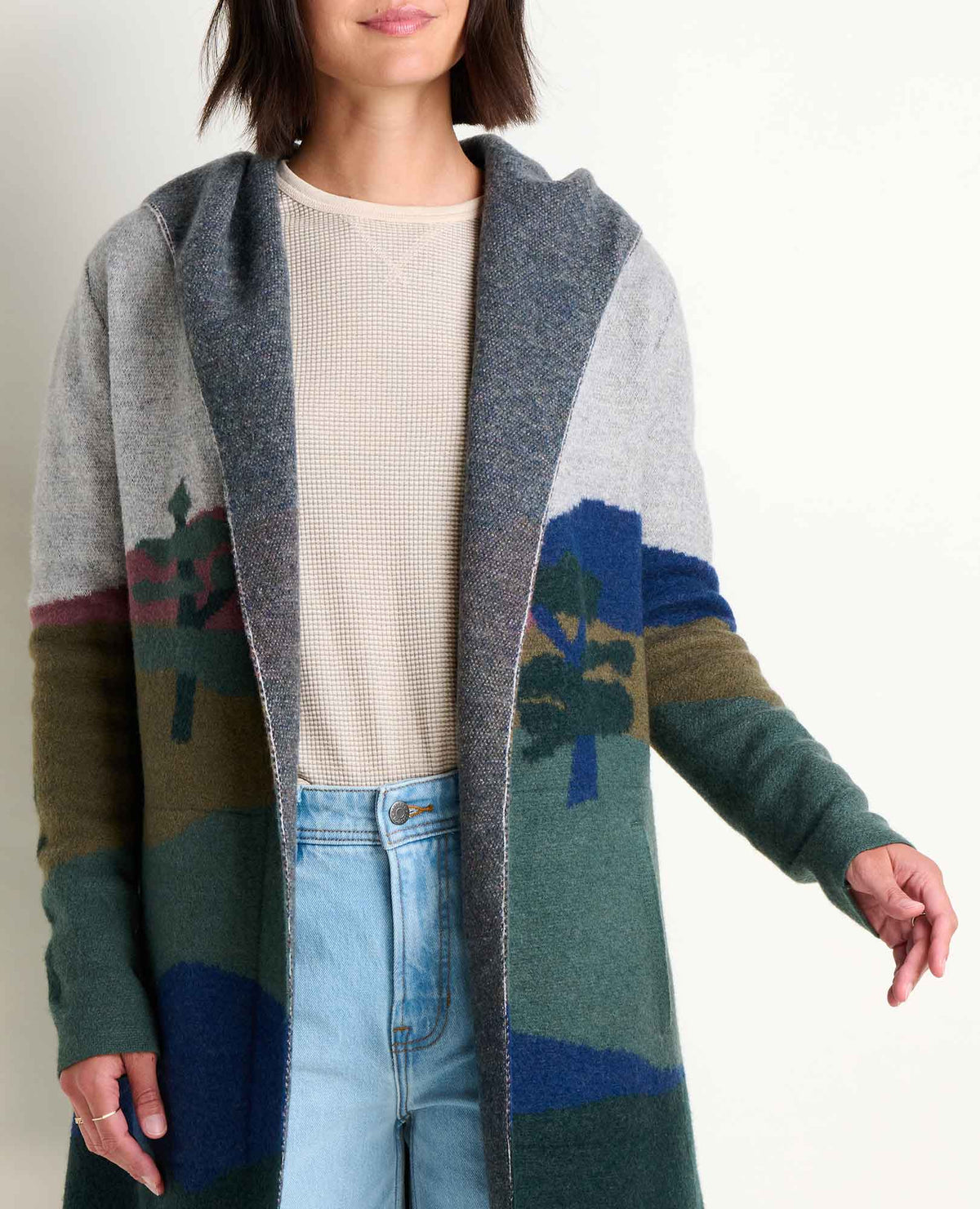 Heartfelt Merino Wool Open Front Cardigan Hoodie Pelican Pattern | Toad&Co Women
