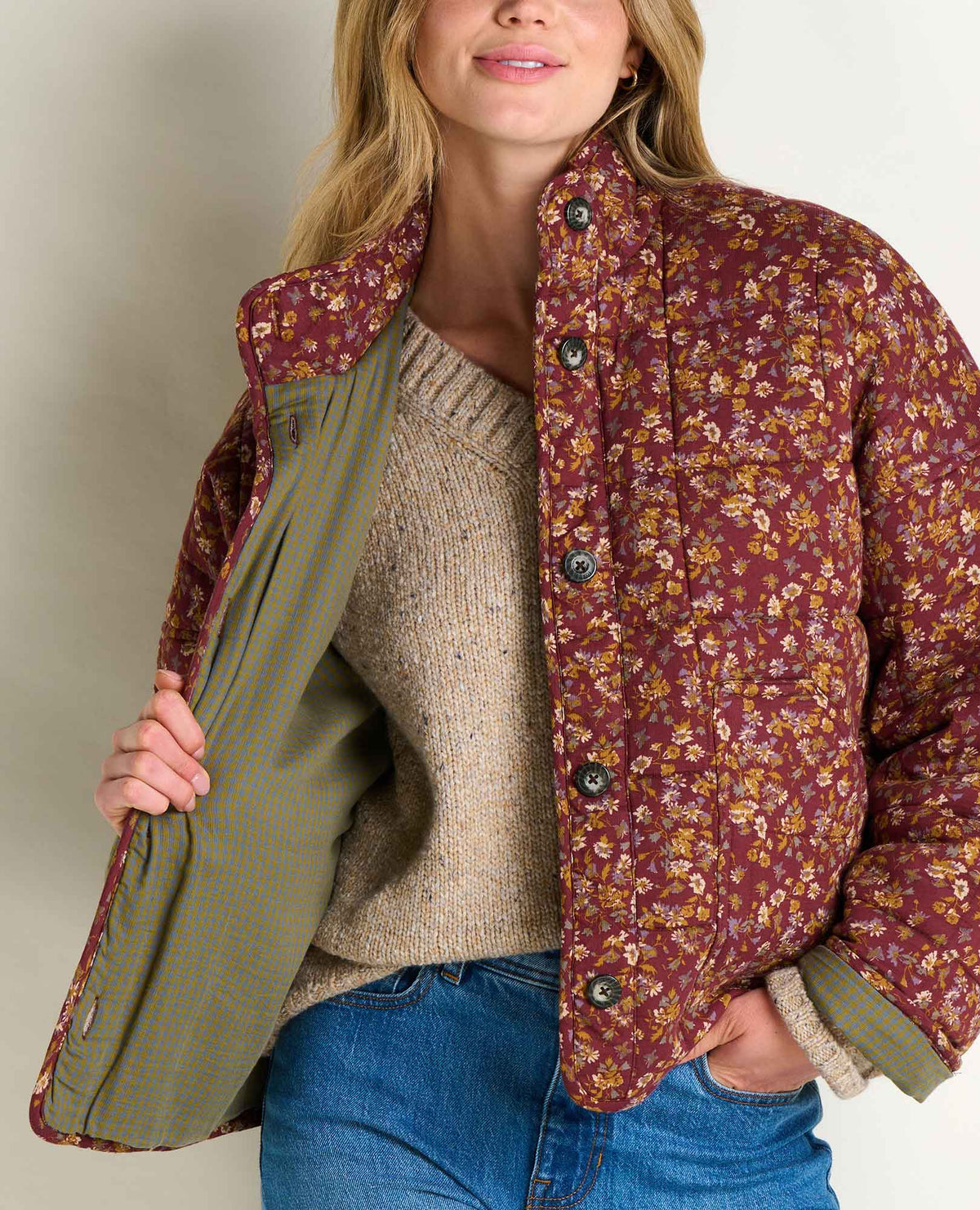 Organic Cotton Quilted Jacket with Recycled Insulation Malbec Print | Toad&Co Women