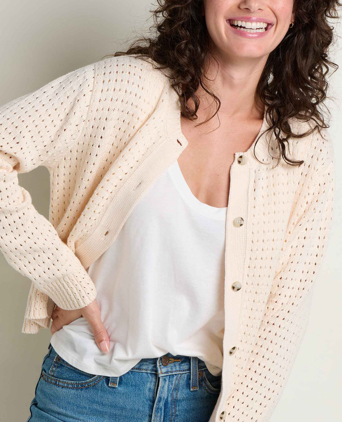 Bianca Pointelle Cardigan - Recycled Cotton Knit Sweater Salt | Toad&Co Women