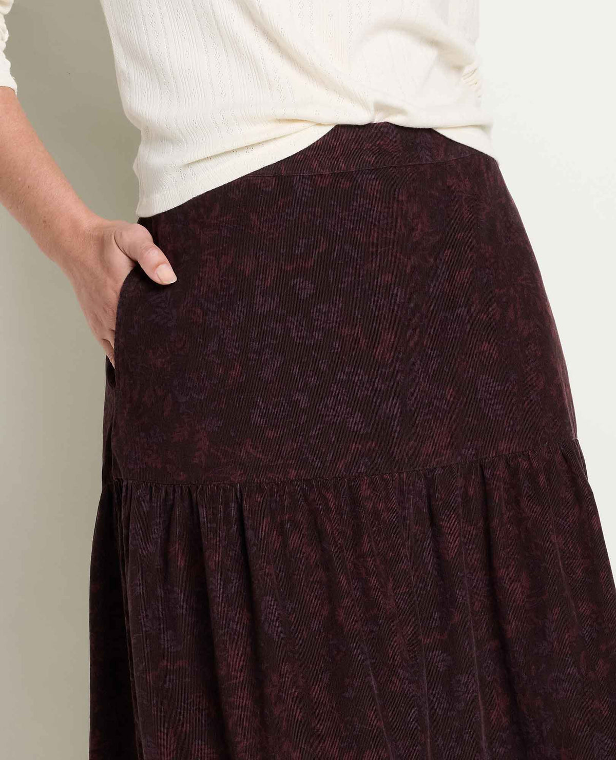Cattail Corduroy Tiered Midi Skirt Carob Floral Print | Toad&Co Women