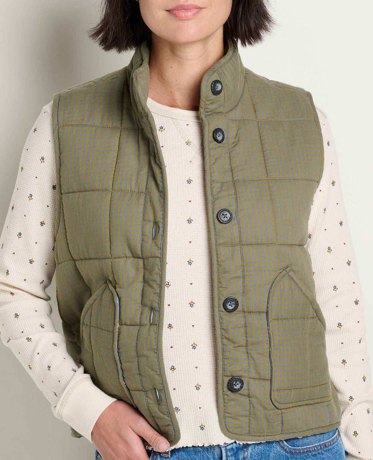 Manzana Quilted Vest Green Moss Pattern | Toad&Co Women