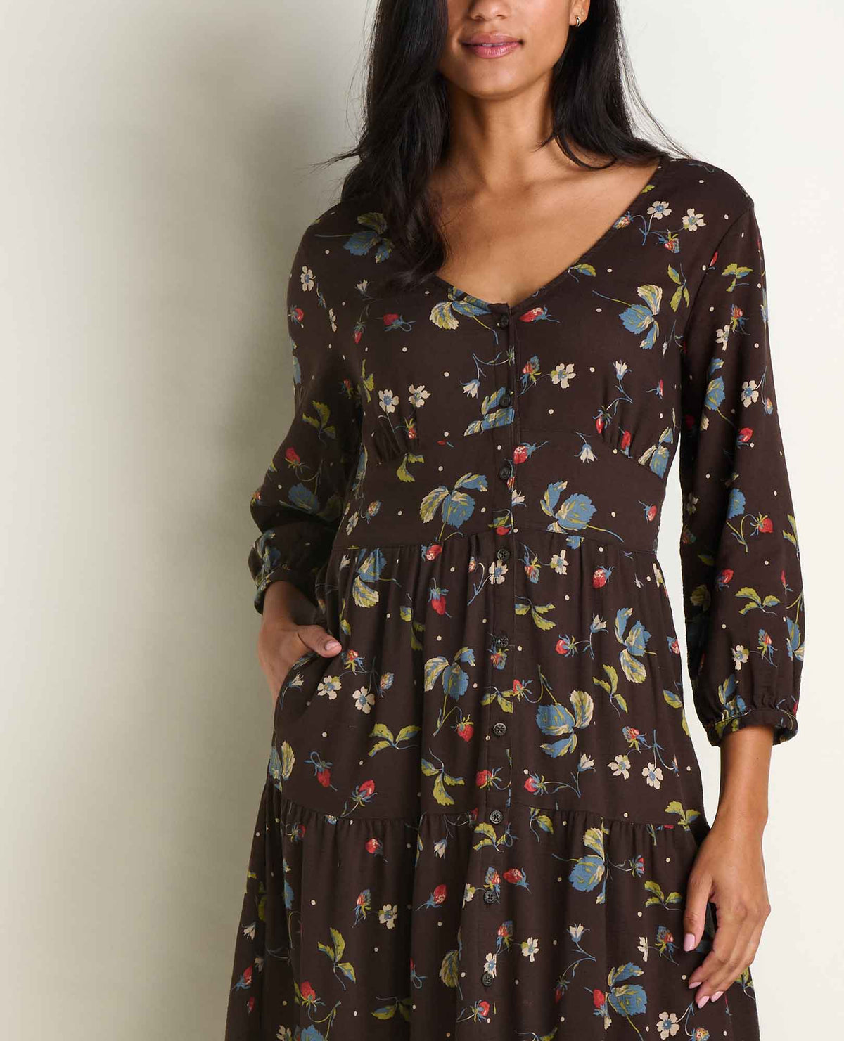 Manzana Tiered Midi Dress Barnwood Print | Toad&Co Women