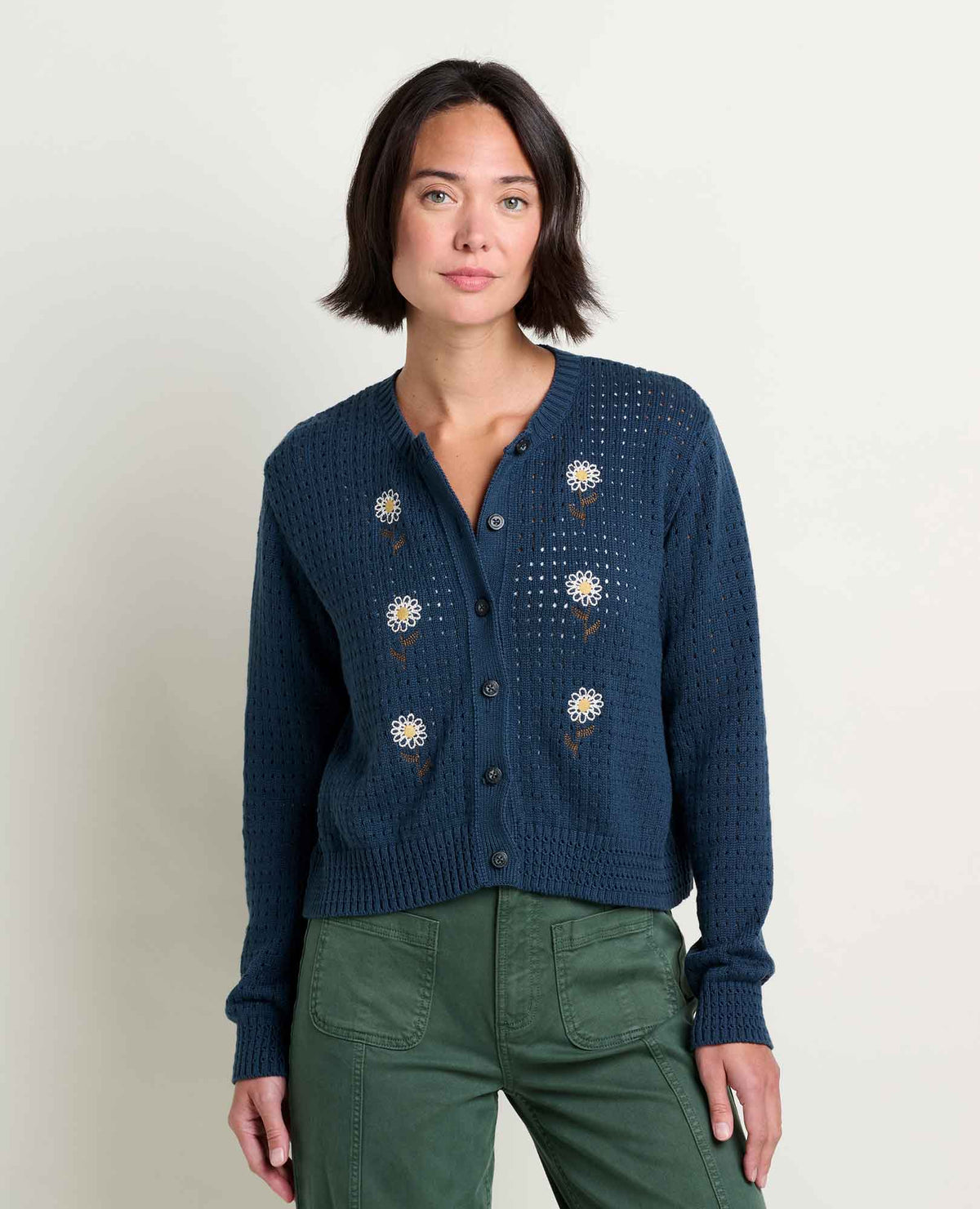 Bianca Embroidered Cardigan - Floral Pointelle Recycled Cotton Sweater Midnight Daisy Embroidery | Toad&Co Women