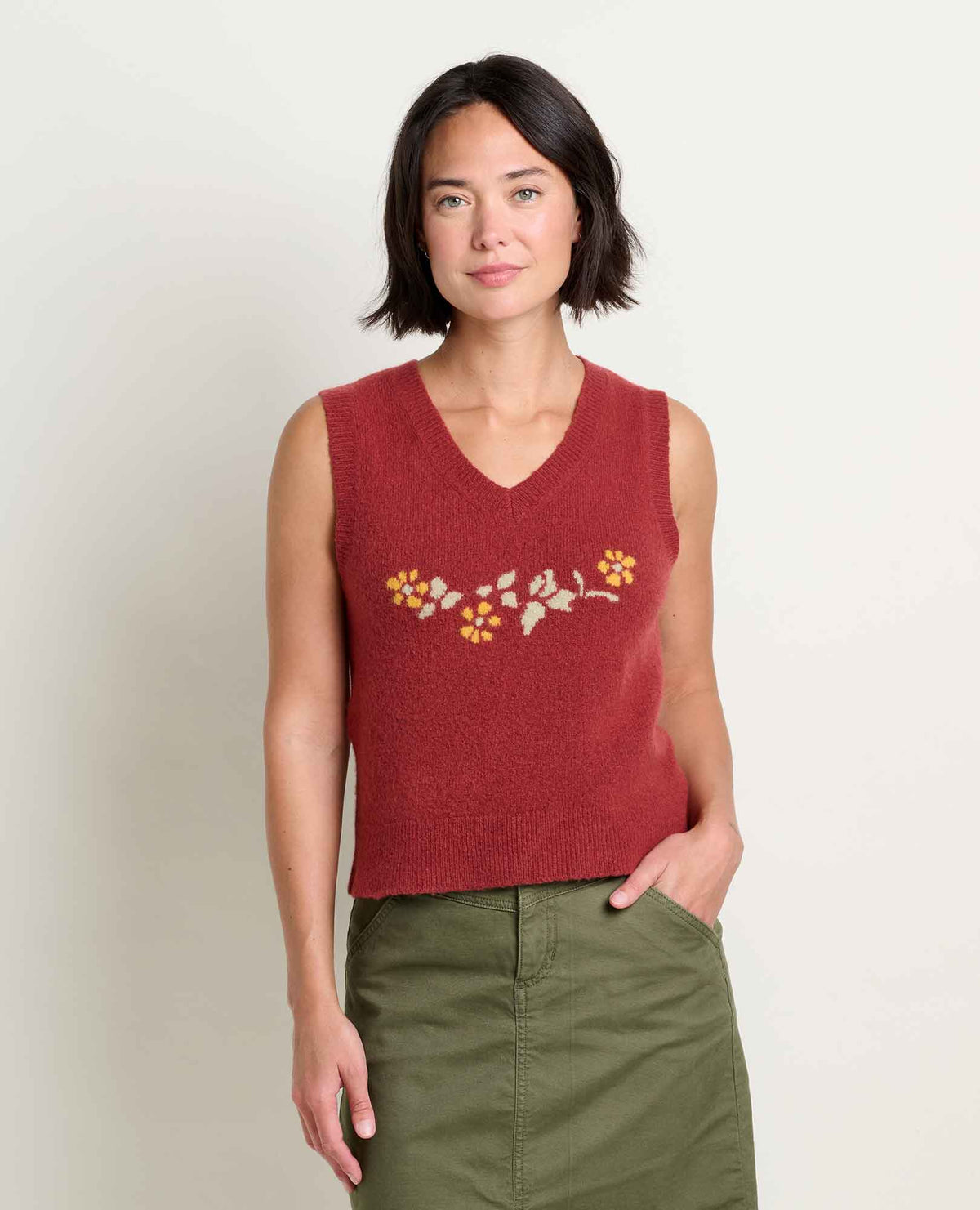 Women's Wasatch V-Neck Wool Sweater Vest - Soft, Never Itchy Sundown Pattern | Toad&Co Women