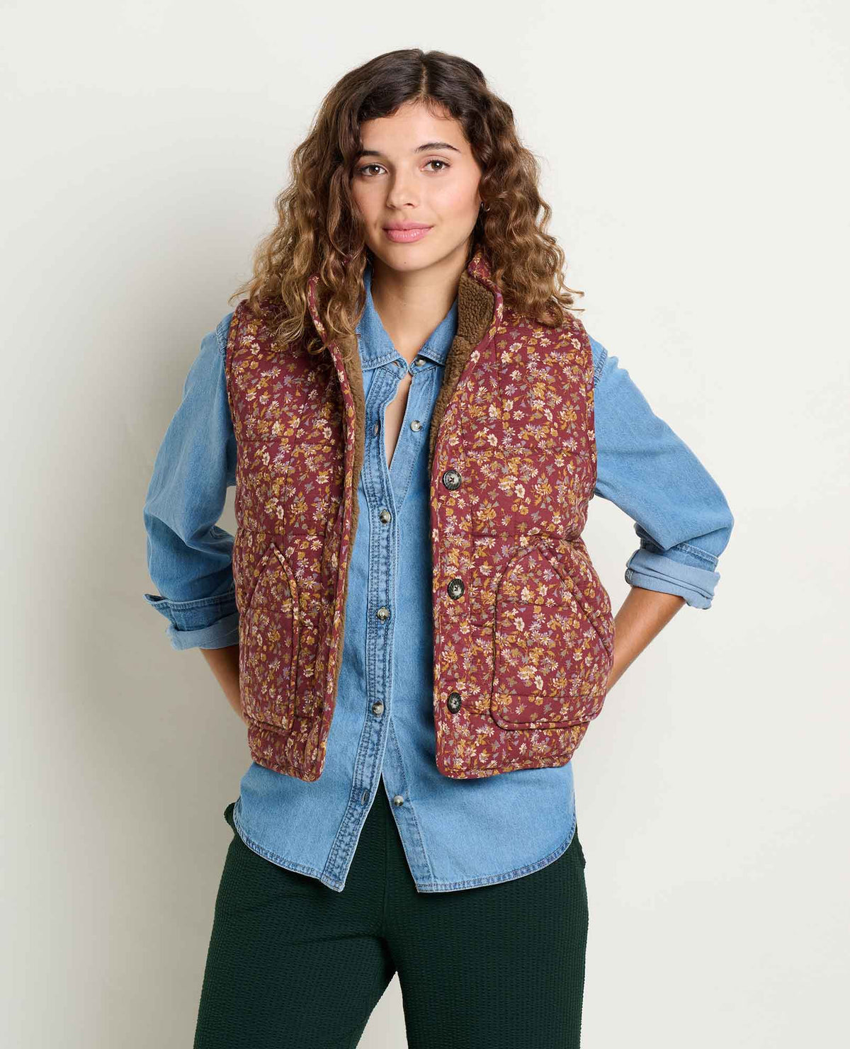 Manzana Sherpa-Lined Quilted Vest Malbec Print | Toad&Co Women
