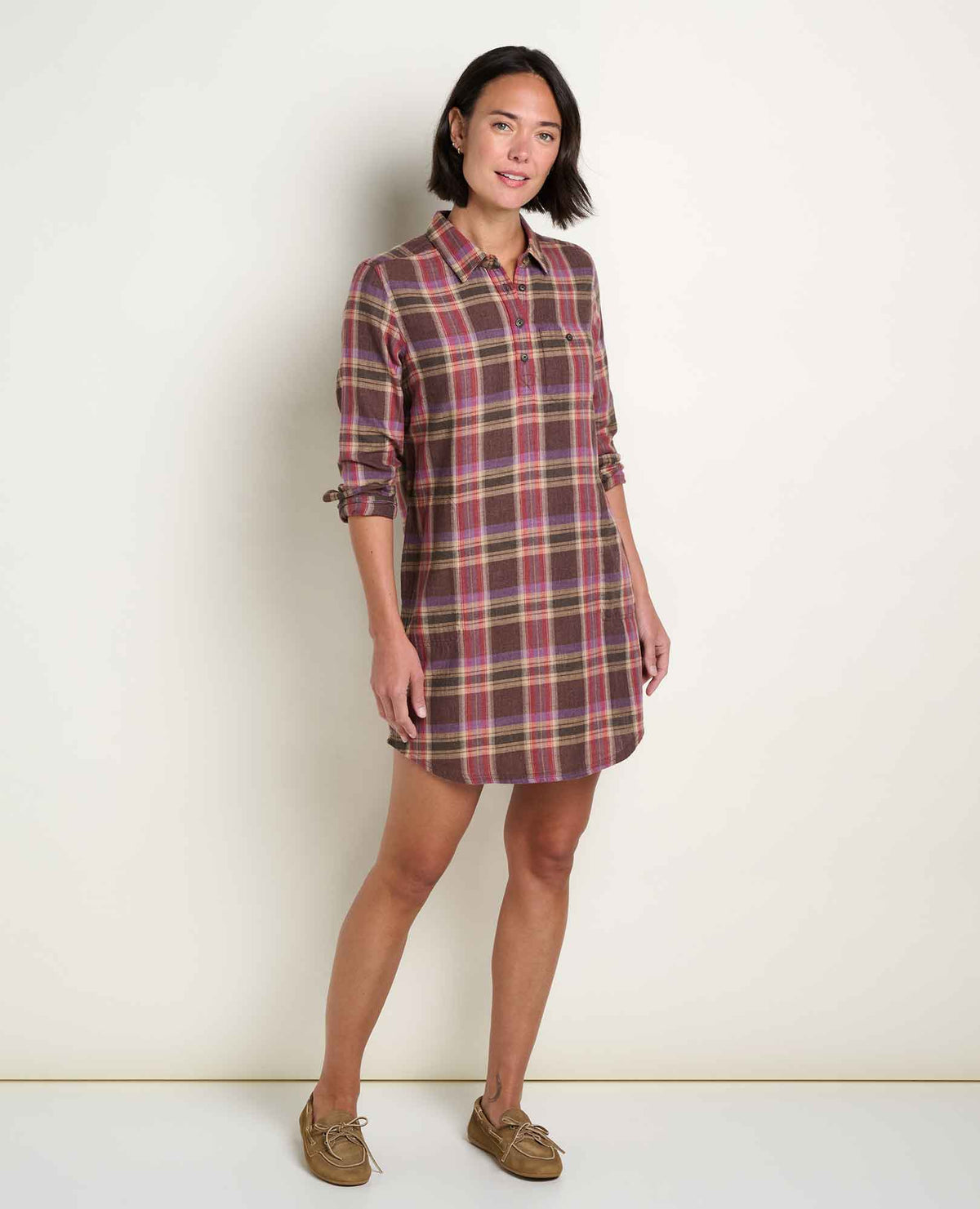 Re-Form Flannel Button Up Shirtdress Carob Pattern | Toad&Co Women