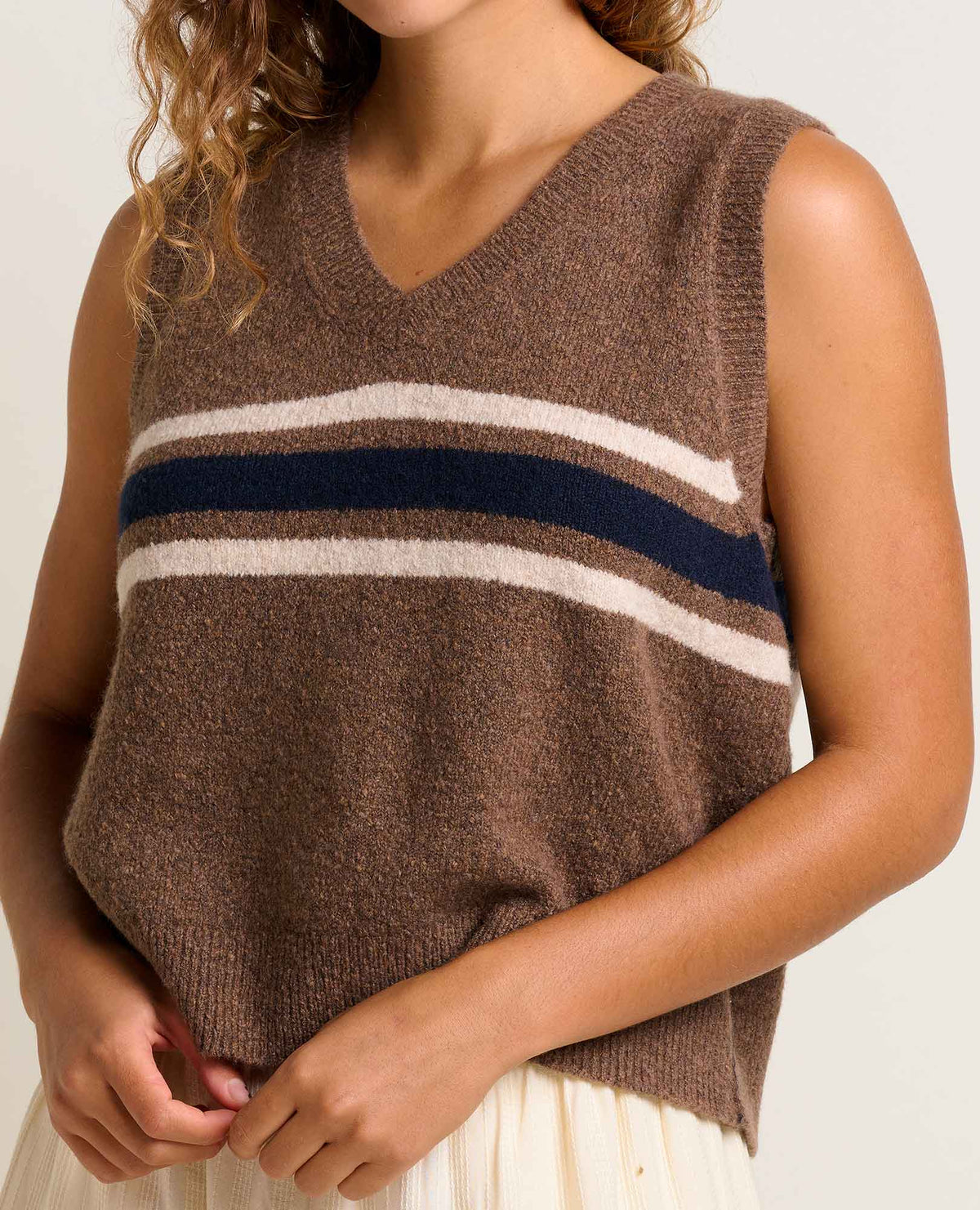 Women's Wasatch V-Neck Wool Sweater Vest - Soft, Never Itchy Chestnut Chest Stripe | Toad&Co Women