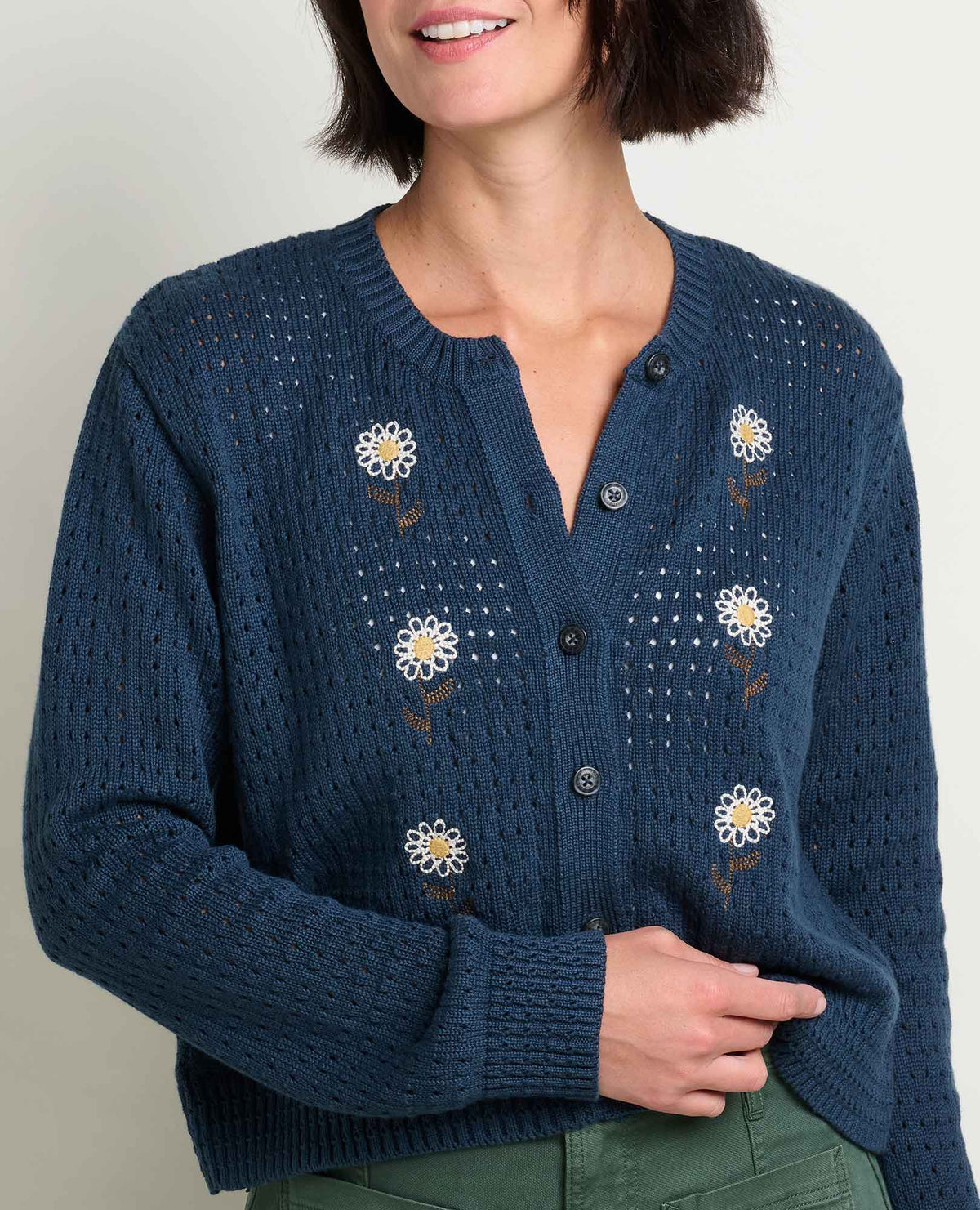 Bianca Embroidered Cardigan - Floral Pointelle Recycled Cotton Sweater Midnight Daisy Embroidery | Toad&Co Women