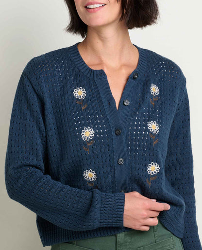 Bianca Embroidered Cardigan - Floral Pointelle Recycled Cotton Sweater Midnight Daisy Embroidery | Toad&Co Women