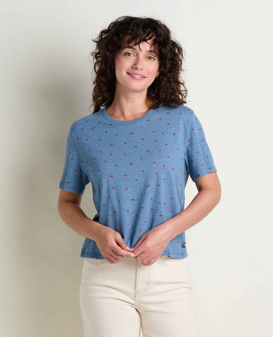 Women's Boundless Jersey Crew - Garment-Dyed Relaxed Fit Top Pacific Blue Print | Toad&Co Women