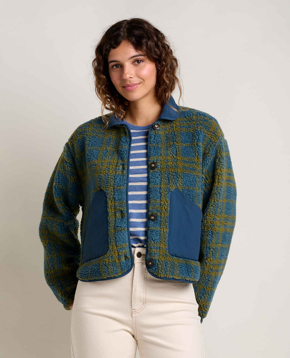Women's Recycled Sherpa Jacket - Sustainable Warmth Ink Plaid | Toad&Co Women