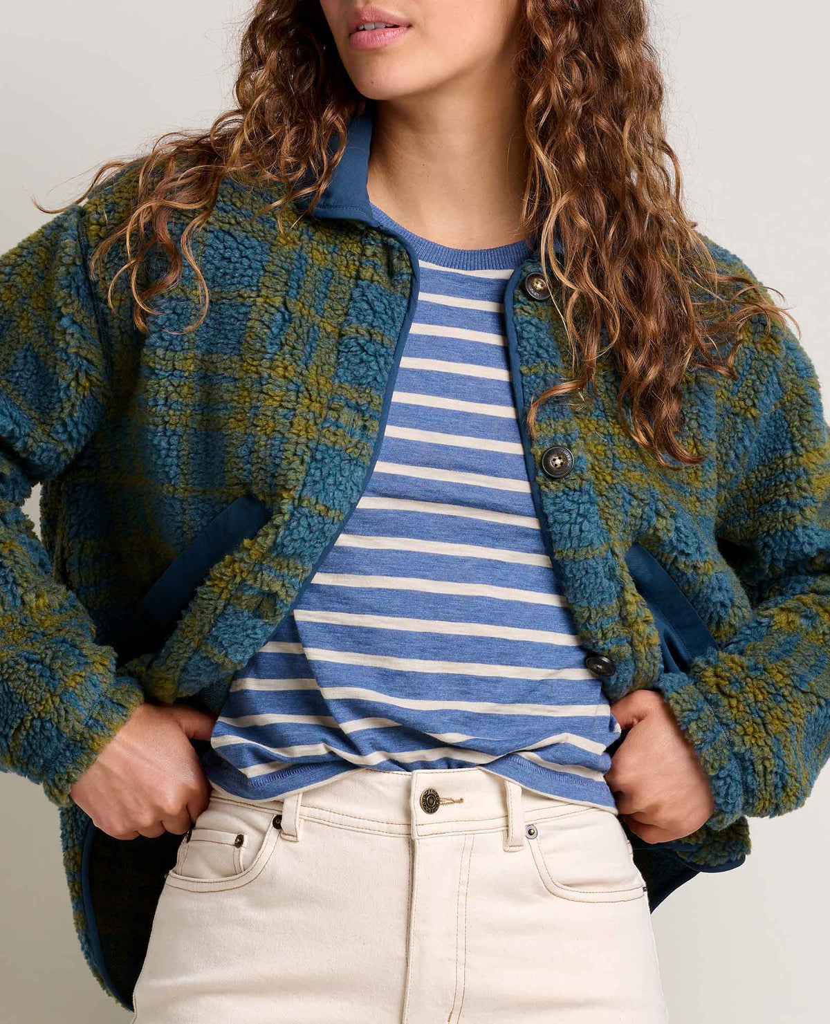 Women's Recycled Sherpa Jacket - Sustainable Warmth Ink Plaid | Toad&Co Women