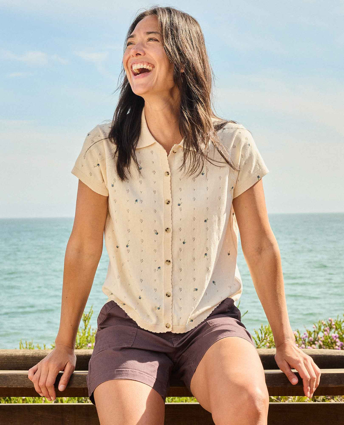 Bianca Patterned Shirt - Recycled Cotton Pointelle Print Polo  | Toad&Co Women