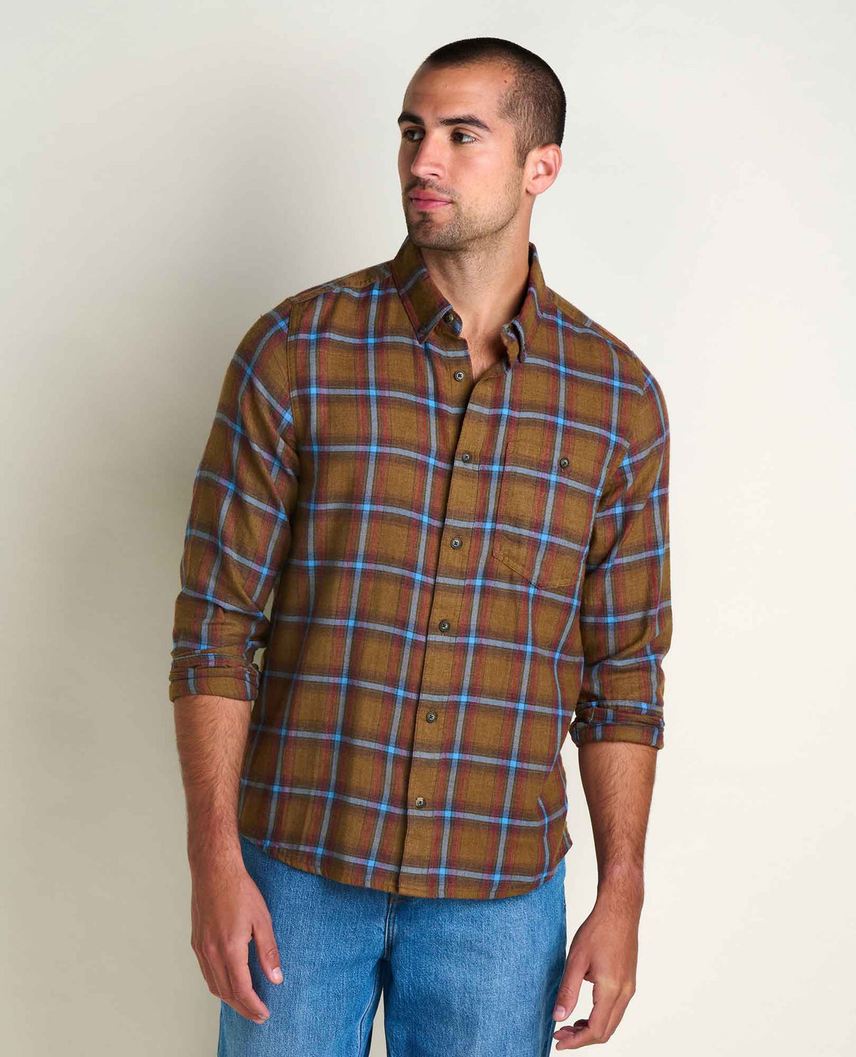 Airsmyth Men's Flannel Shirt - 100% Recycled by Toad&Co Honey Brown Pattern | Toad&Co Men